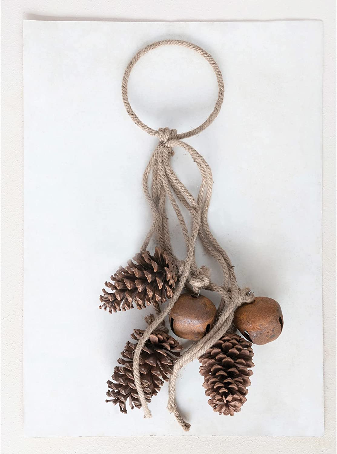 Jute Rope Door Hanger with 2 Jingle Bells and Pinecones, Rust Tone